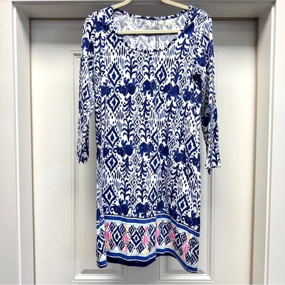 Lilly Pulitzer Ocean Ridge Dress  "Tons of Fun" Elephant Print Blue and White - Picture 3 of 14